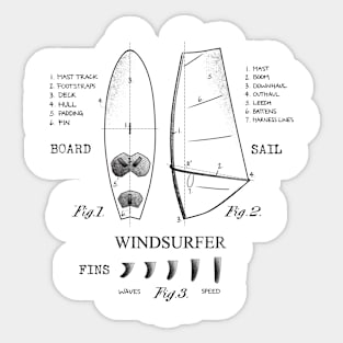 Windsurfer Equipment Gear Board, Sail and Fins Legend Vintage Black Drawing Sticker